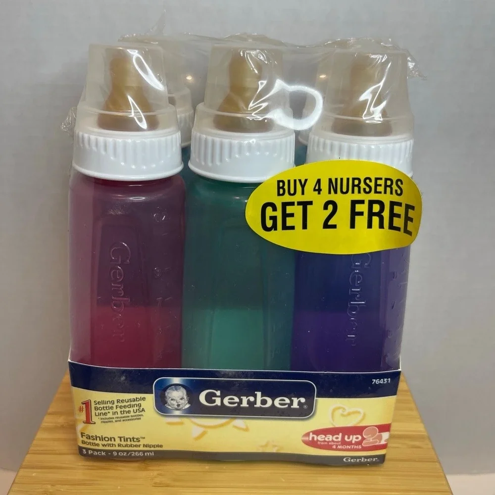 VTG Gerber HEAD UP Fashion Tints Bottle Rubber Nipple 9 Oz Blue Orange Green New